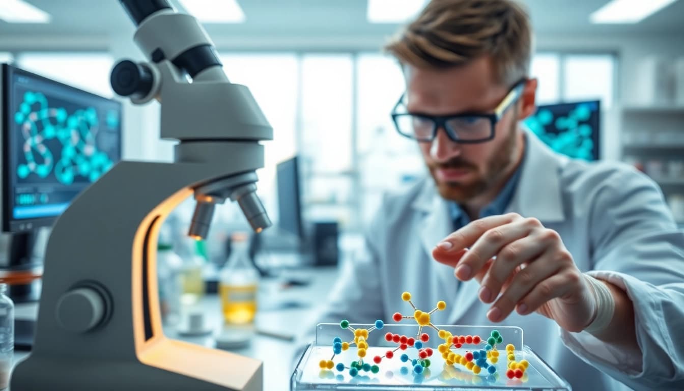 Scientist examining peptide samples in a lab focusing on peptide price and research.