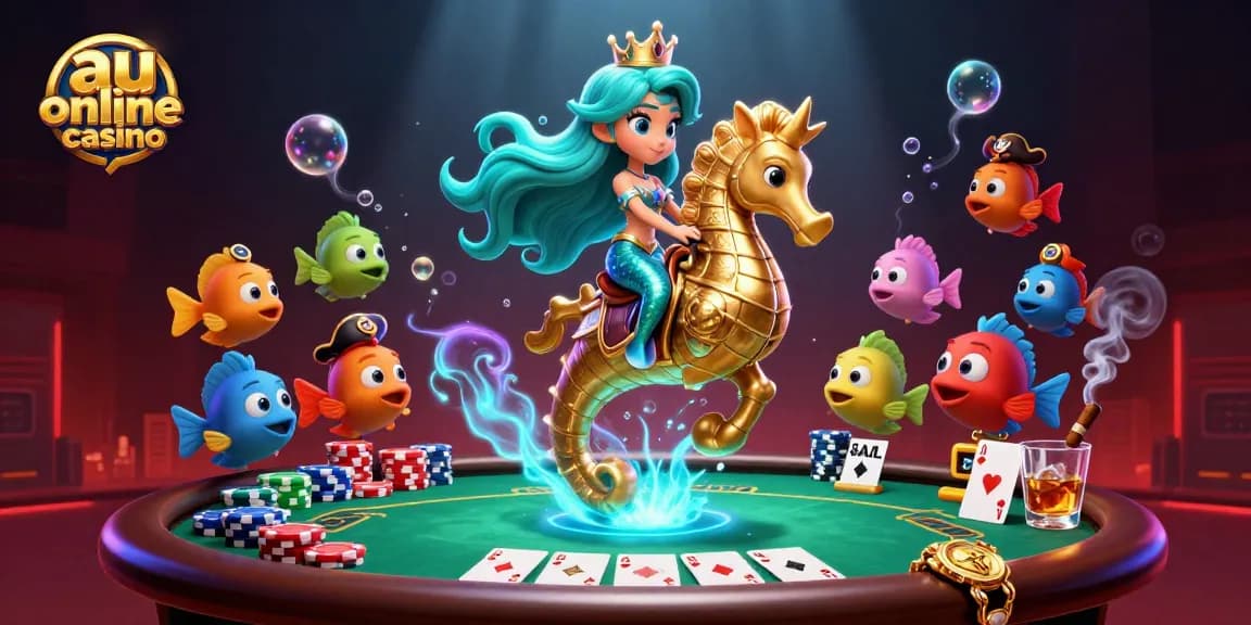 Experience the vibrant undersea scene showcasing the 'au online casino' with engaging poker elements and enchanting characters.