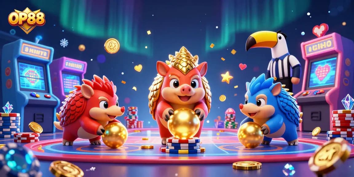 OP88 offers a thrilling gaming scene with rival pangolins competing among vibrant casino elements.