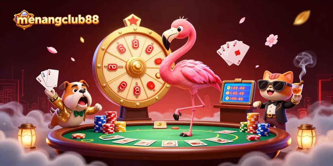 Win big with menangclub88 in this exciting online casino scene featuring lively characters and dynamic gaming elements.