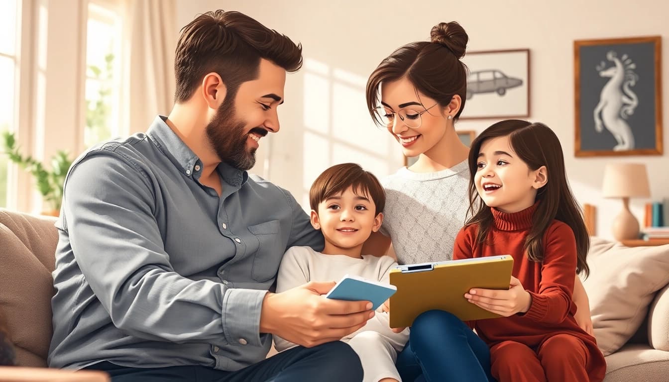 Familie-interactie op letmus.nl in een eigentijdse woonkamer.