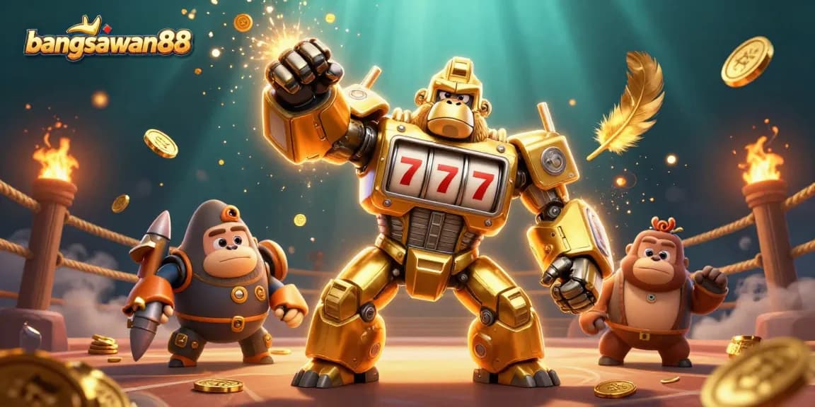 Experience the excitement of sports betting with bangsawan88's dynamic illustration featuring a golden gorilla mech.