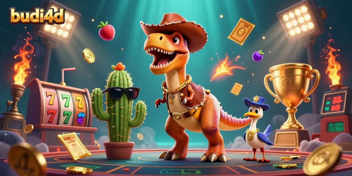 Join the fun with budi4d as the T-Rex dinosaur spins vibrant slot reels in an exciting casino scene.