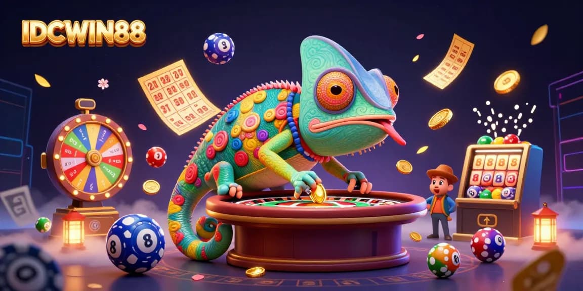 Engage with IDCWIN88's thrilling 3D casino scene featuring a vibrant chameleon owner amidst lottery elements.