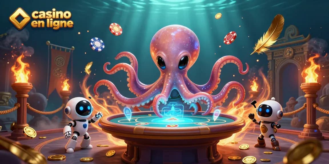 Jouer au casino en ligne avec une illustration d'un octopus extraterrestre à une table de poker holographique.
