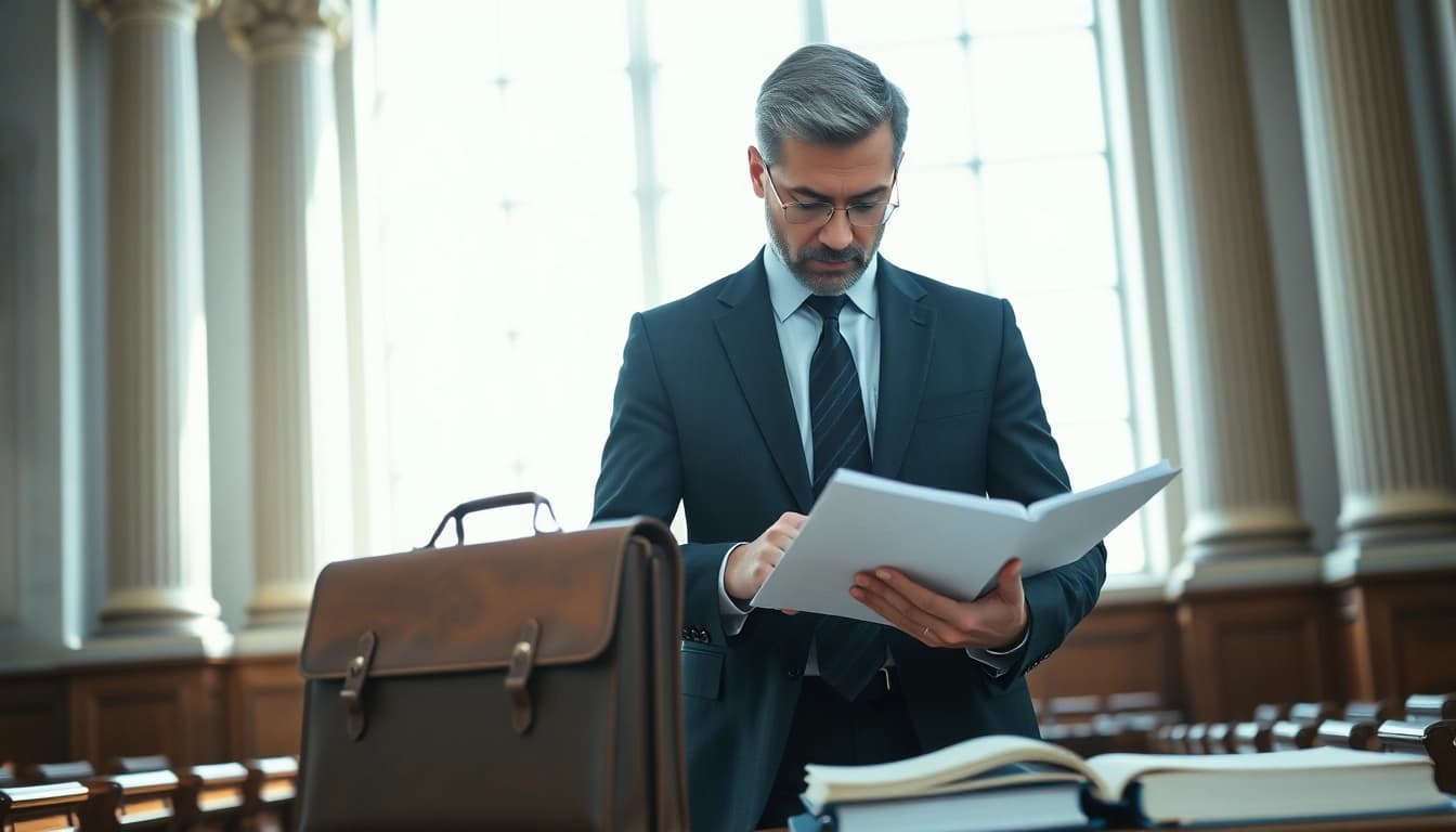 Experienced criminal lawyer in Bridgeport analyzing case files in a courthouse.