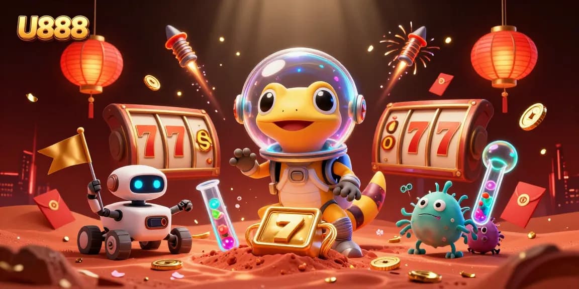 U888 players discover treasure and excitement in a vibrant Martian casino setting.