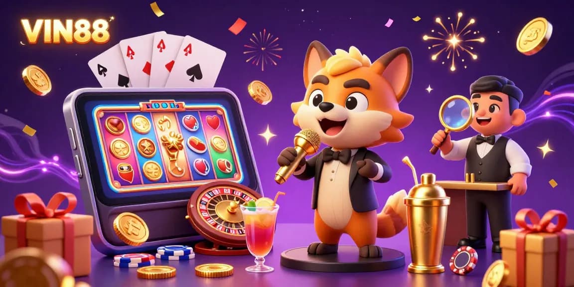 Experience the excitement of VIN88 with a hyena comedy casino scene featuring games and vibrant celebrations.