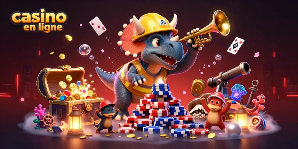 Vibrante illustration de casino en ligne avec triceratops et pièces de poker.