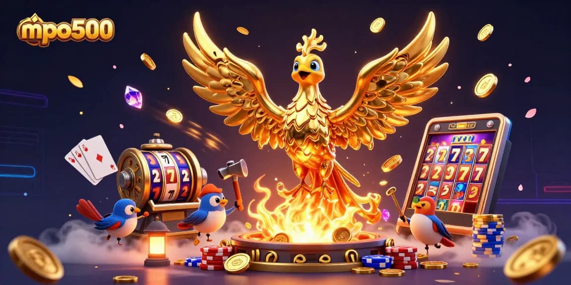 Experience exciting gameplay at mpo500 with slot machines, golden coins, and vibrant casino elements.