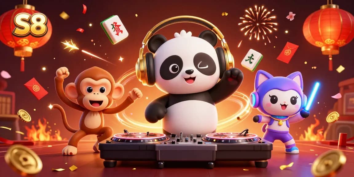 S8 casino experience comes alive with a DJ panda, dancing monkey, and rave kitten in a vibrant 3D scene.