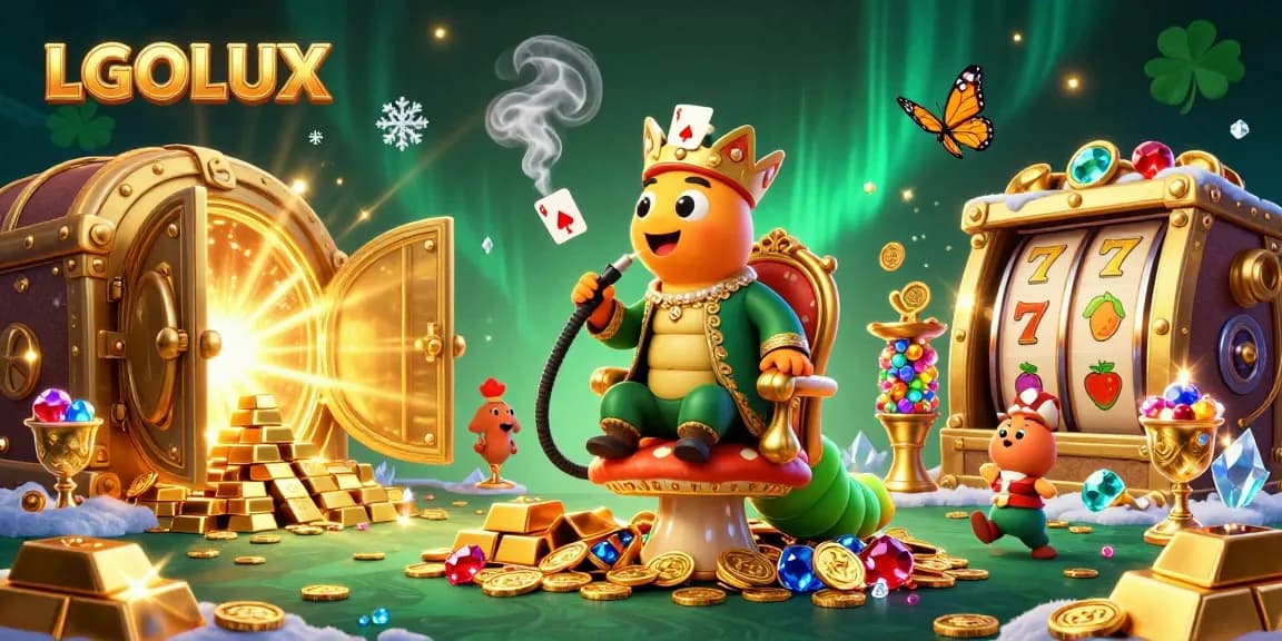 Experience LGOLUX's vibrant 3D casino world filled with slot reels, gold treasures, and playful characters.