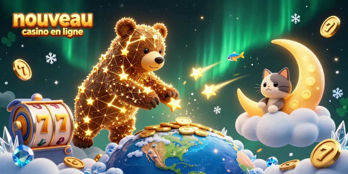 Illustration dynamique d'un nouveau casino en ligne avec des ours constellation et des éléments de jackpot.