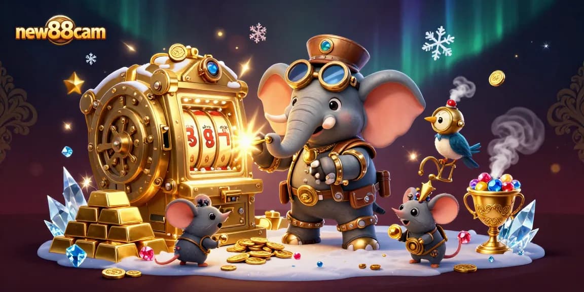 Spin the reels with new88cam at a vibrant cartoon casino featuring rich treasures.