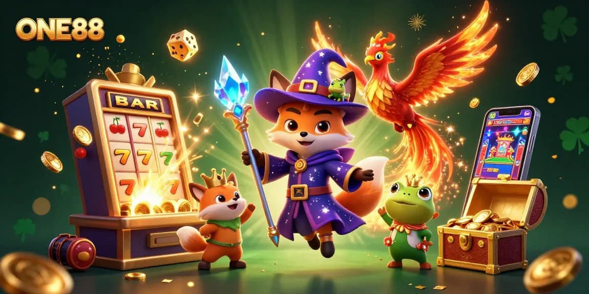 Experience thrilling gaming action at ONE88 with an enchanting 3D casino illustration featuring wizards and jackpots.