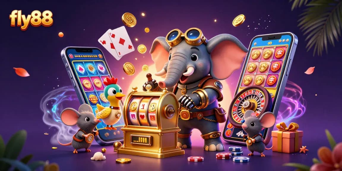 Engage in exciting gameplay at fly88 with vibrant slot machines, golden winnings, and thrilling casino elements.