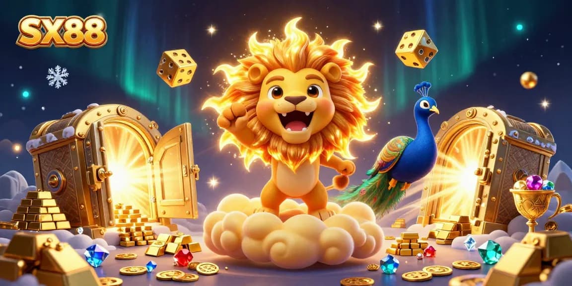 SX88 showcases a vibrant casino scene with a roaring golden sun lion, shimmering gems, and cascading gold treasures.