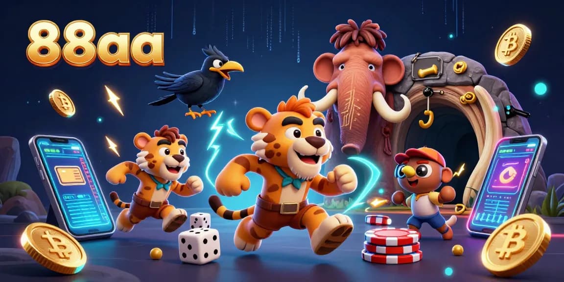 Experience the excitement of 88aa’s gaming zone with a dynamic 3D scene featuring a caveman and saber-toothed tiger.