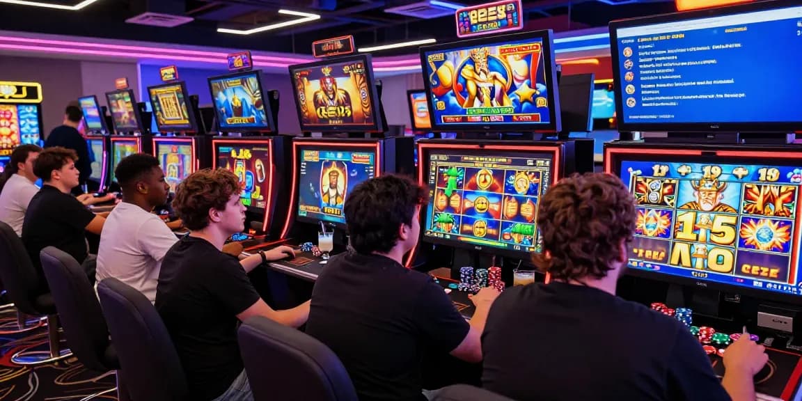 Exciting gaming atmosphere at situs 888 featuring diverse players engaging with Zeus-themed slot machines.