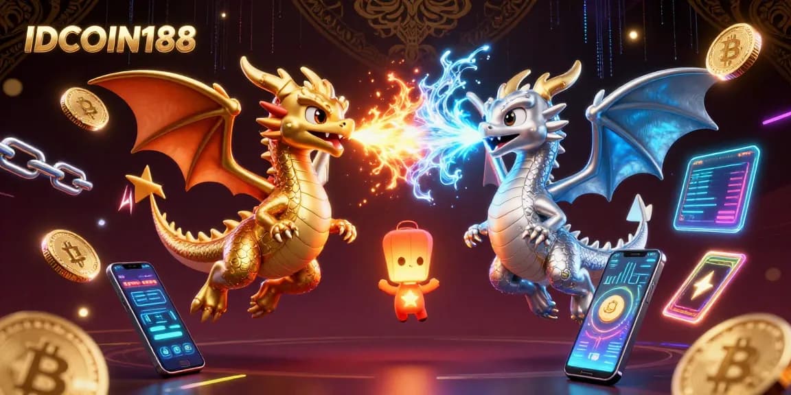 IDCOIN188 features a vibrant, 3D cartoon scene with dragons, crypto coins, and exhilarating gaming elements.