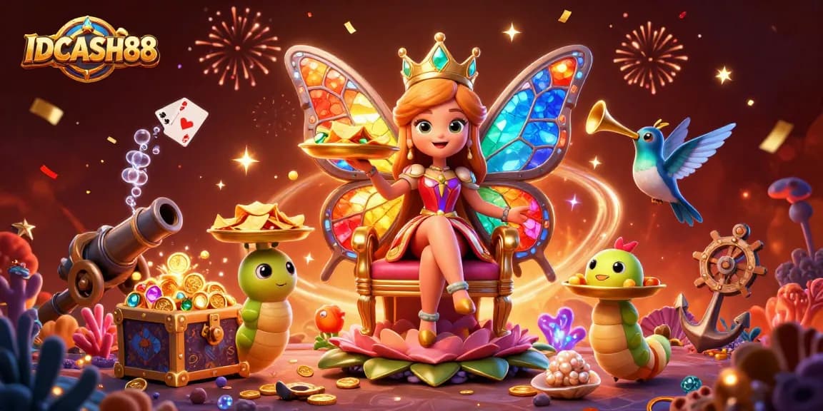 Experience the excitement of IDCASH88 with a vibrant casino scene filled with treasure and fun!