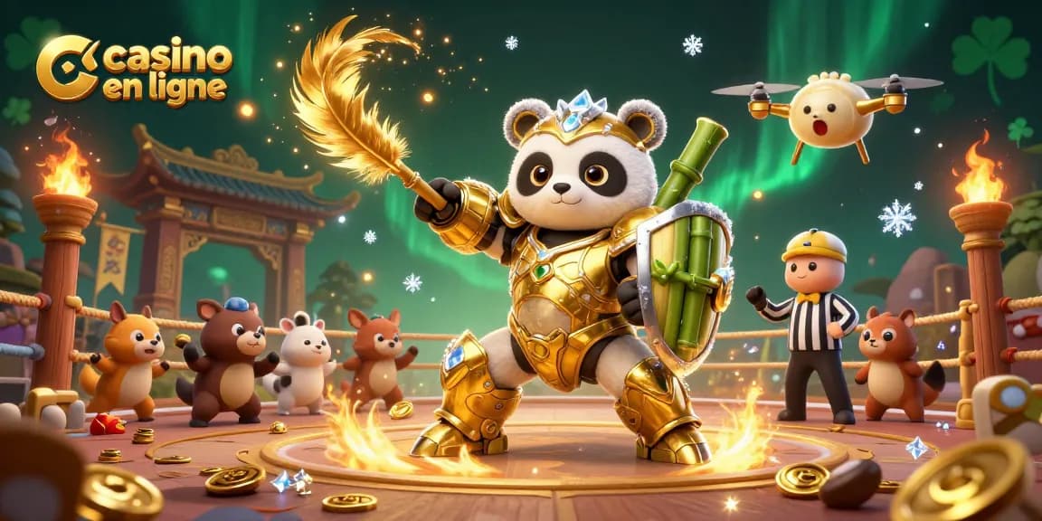 Une illustration dynamique d'un panda en armure mech dans un casino en ligne entouré de jetons en or.