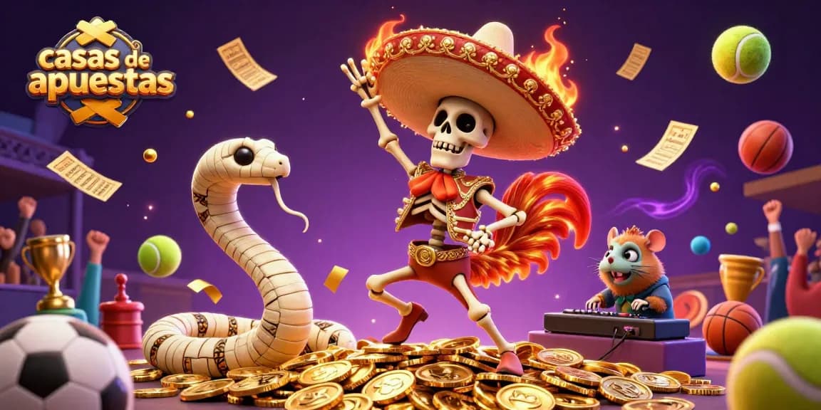 Apuesta en casas de apuestas con un gallo mariachi celebrando entre trofeos y pelotas deportivas.
