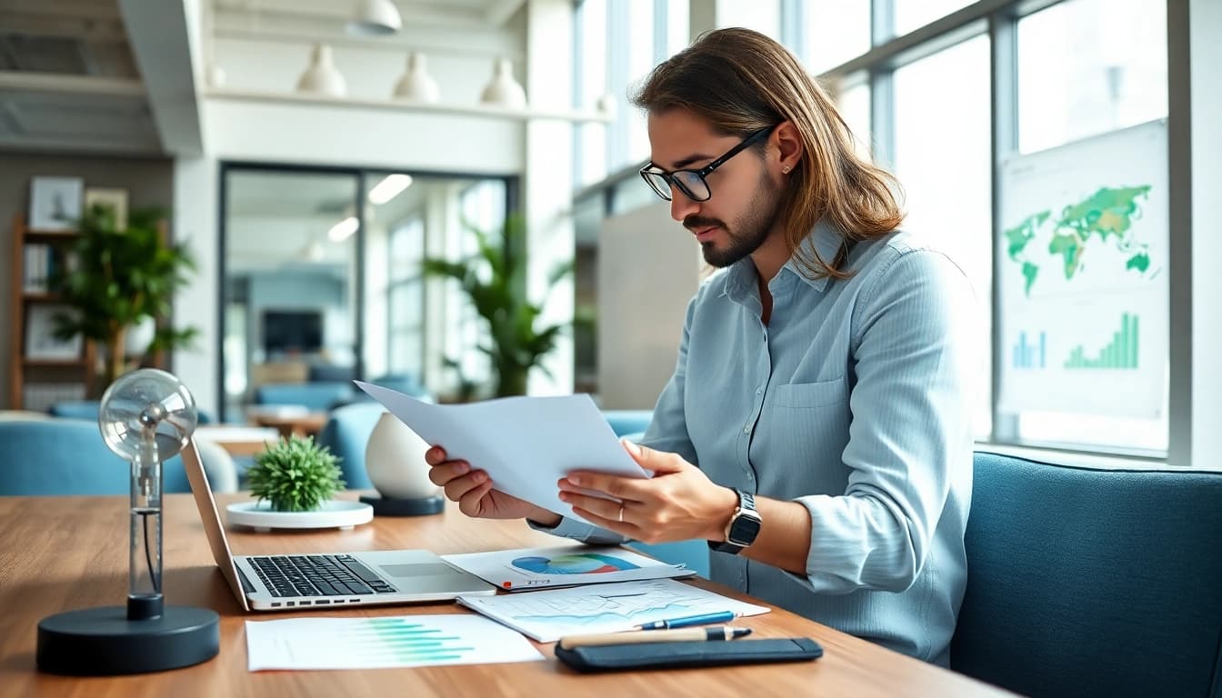 Carbonxgen consultant analyzing energy data in a bright modern office environment.