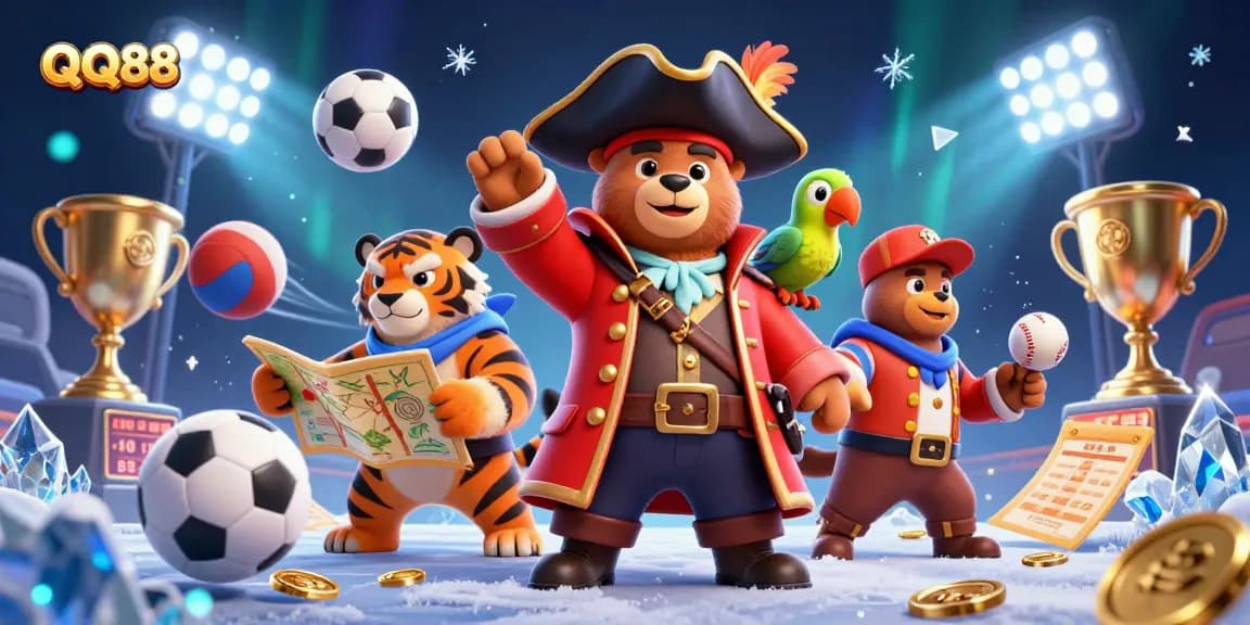 Engage with QQ88's vibrant casino world featuring a pirate bear and tiger amidst dynamic gaming elements.