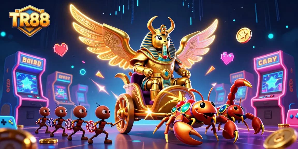 Experience thrill with TR88's golden scarab beetle and vibrant casino game elements in a dynamic 3D scene.