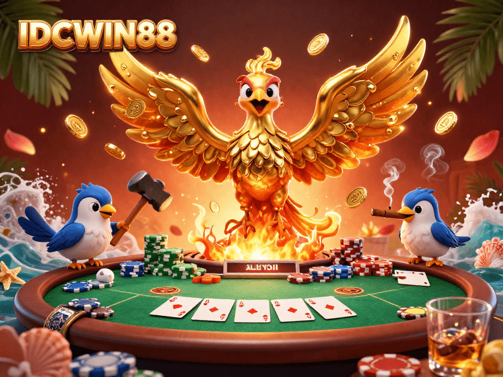 Experience IDCWIN88's thrilling casino action with a molten gold phoenix and poker elements depicted in a dynamic 3D scene.