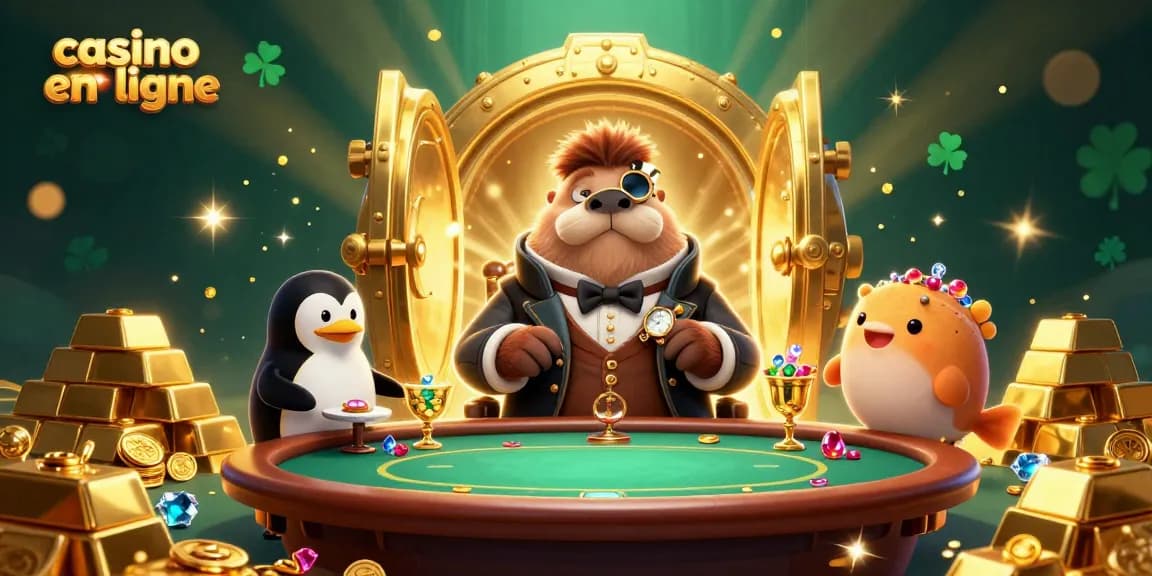 Une scène dynamique de jeu au casino en ligne avec un phoque, un pingouin et un poisson globe bluffeur.
