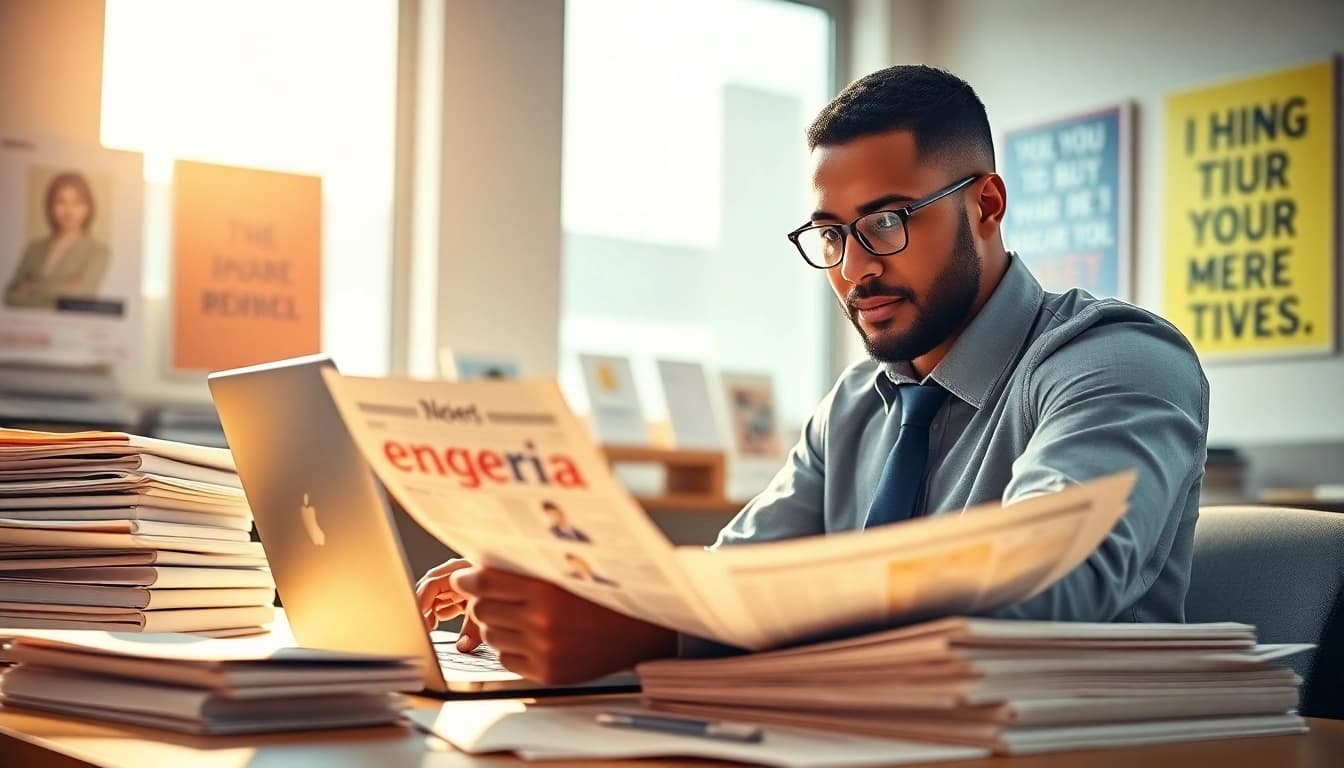 Engaged journalist examining enigeria newspaper articles in a bright office setting.