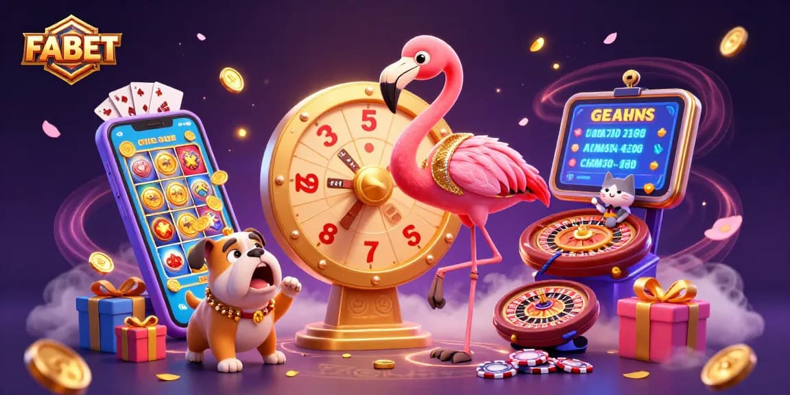 FABET showcases a thrilling casino atmosphere with a flamingo game show host, bulldog contestant, and vibrant slot elements.