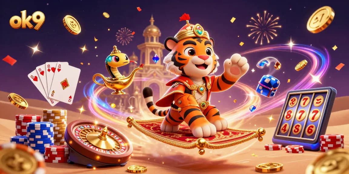 Experience thrilling wins with ok9's lively 3D casino scene showcasing vibrant gaming elements.