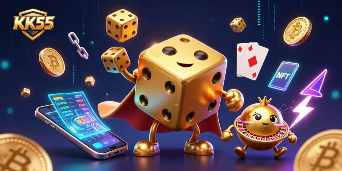 Experience immersive casino fun with KK55's vibrant illustrated characters and glowing crypto elements.