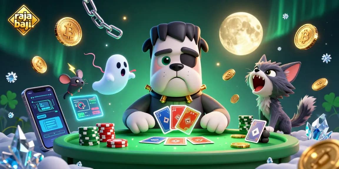 Engage with raja baji's thrilling card game among vivid characters and crypto elements.