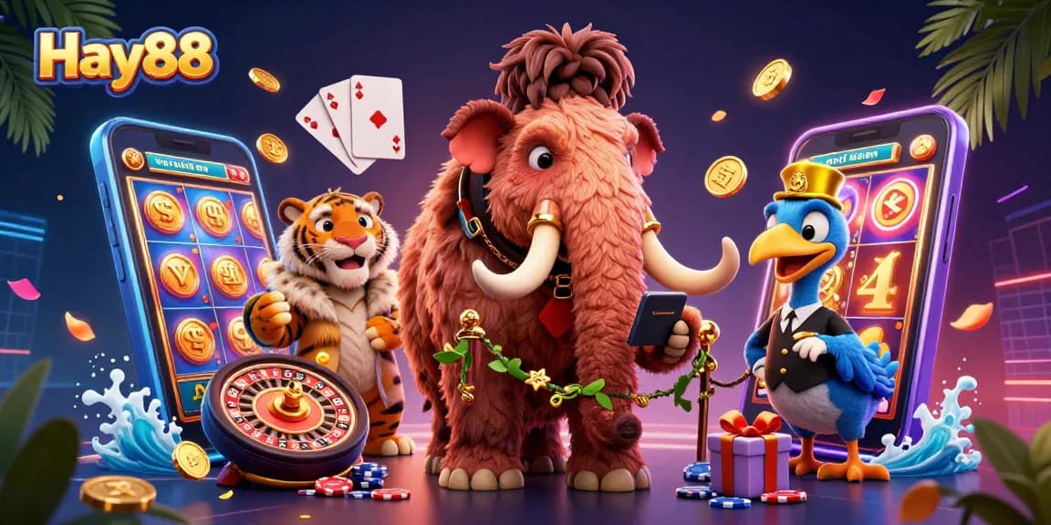 Experience the excitement of Hay88 as a woolly mammoth bouncer checks IDs, amidst colorful casino elements.