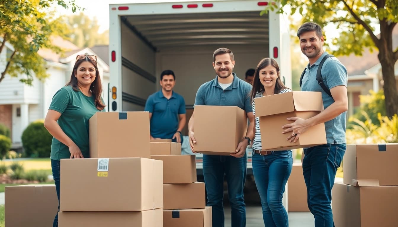 Local moving company assisting a family in their home with friendly service.