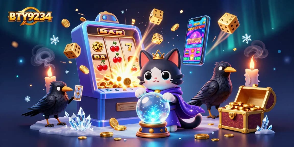 Engage with BTY9234's thrilling jackpot scene showcasing a mystical fortune teller and vibrant slot symbols.