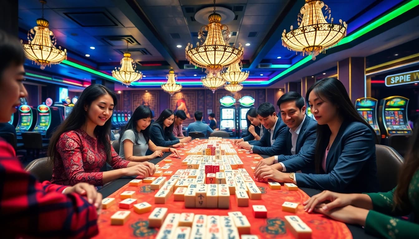 Permainan bossmahjong yang mendebarkan di kasino dengan suasana ceria dan pemain yang bersemangat.
