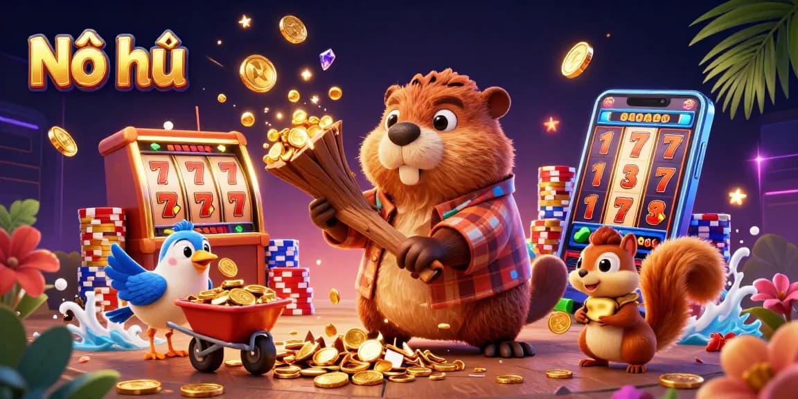 Nổ hũ showcases a cartoon beaver amidst cascading coins and slots, emphasizing jackpot excitement and tropical vibes.