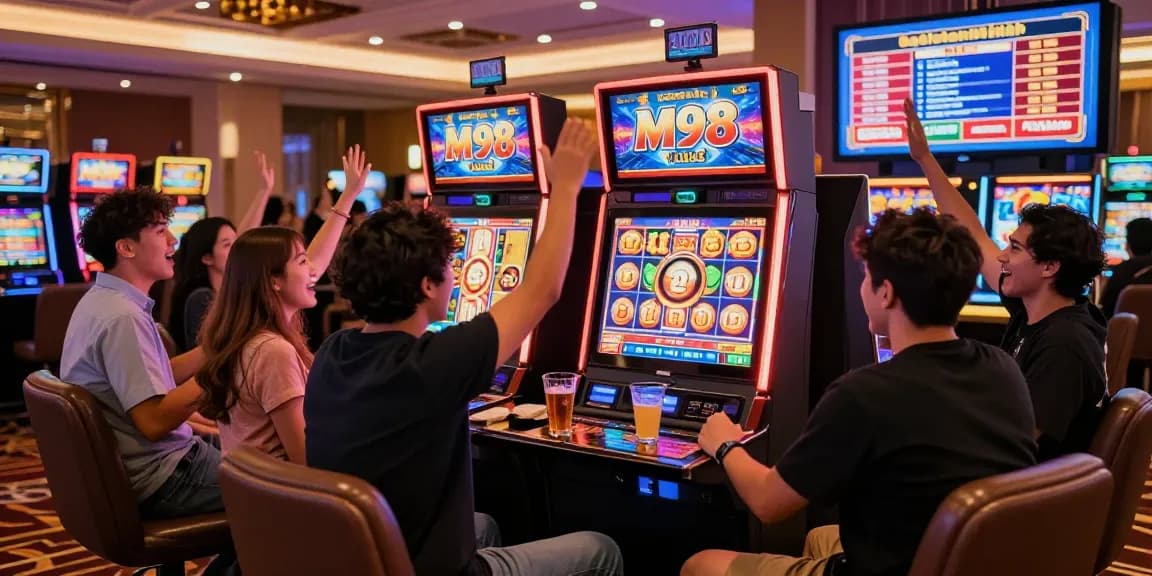 M98 สล๊อตเว็บตรง digital slot machine with friends celebrating a jackpot win in a vibrant casino atmosphere.
