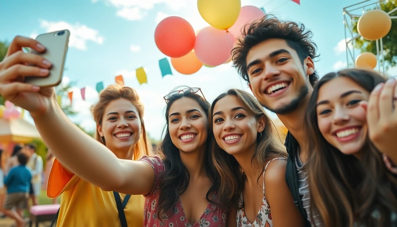 Group of friends joyfully taking selfies at a vibrant outdoor festival.