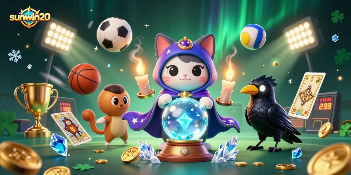Bet on sunwin20 with a fortune teller cat and tarot raven in a dynamic casino illustration.