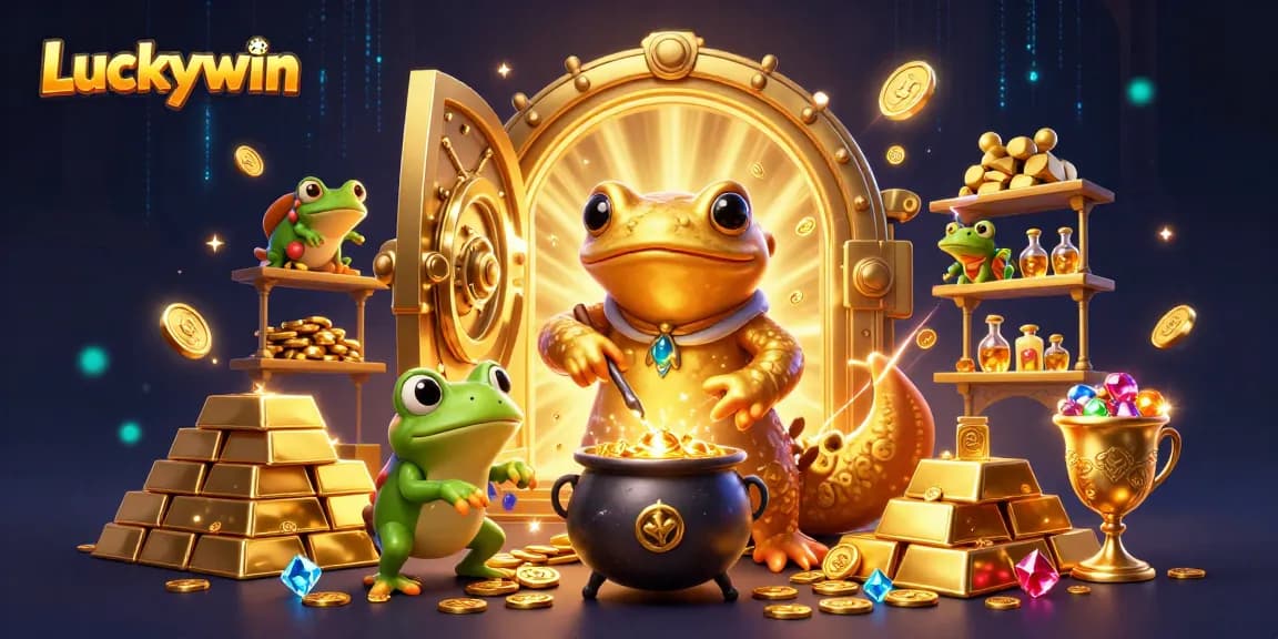Spin the reels of Luckywin's vibrant casino scene featuring gold coins and lively characters.