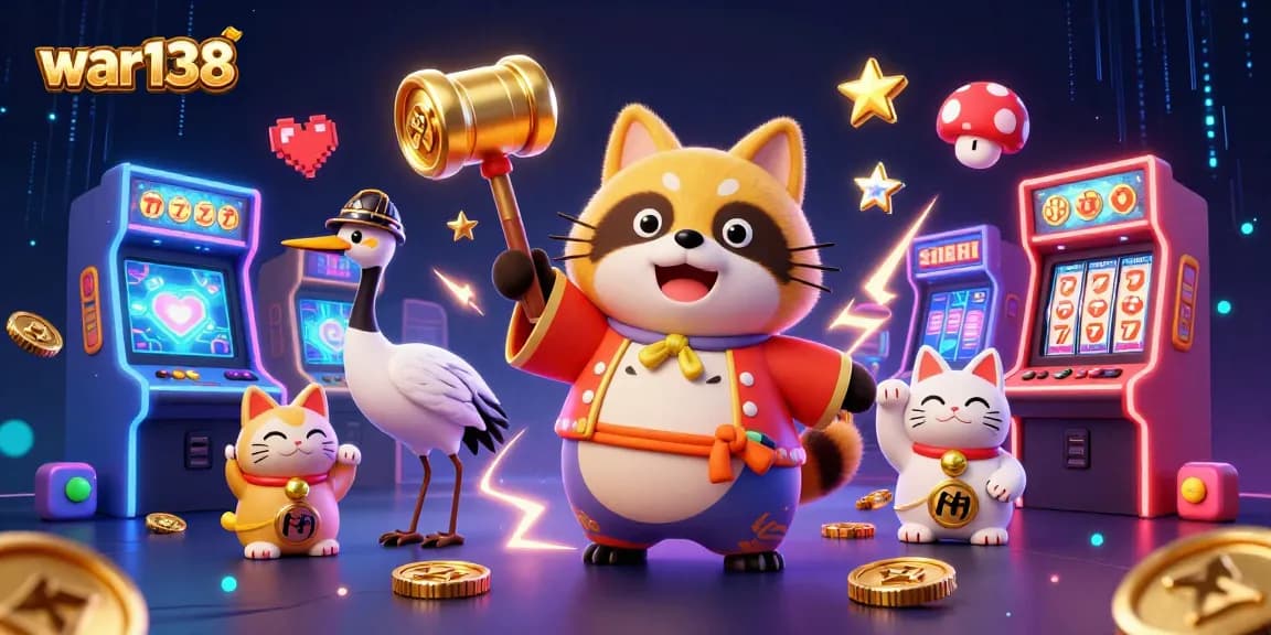Experience the fun of war138 with a tanuki and friends in a vibrant casino-themed illustration.