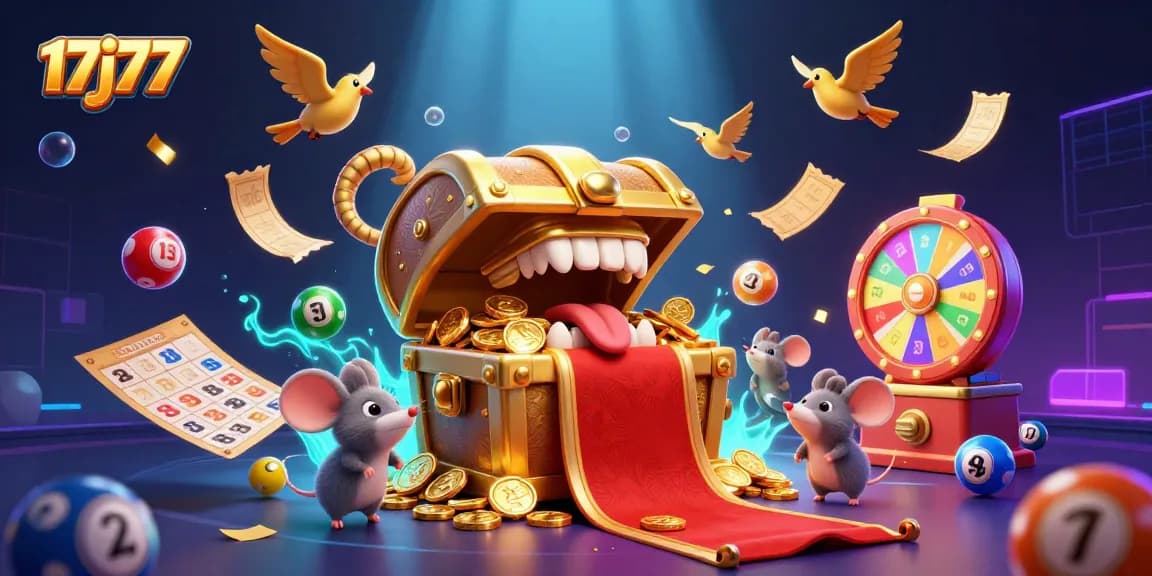 Engage with 17j77's enchanting animated treasure scene featuring adventurous mice and exciting lottery elements.