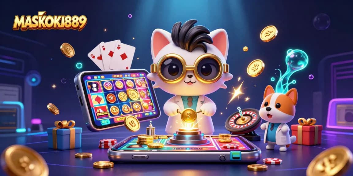 Engage with MASKOKI889's 3D illustration showcasing fun games, vibrant elements, and the thrill of online gambling.