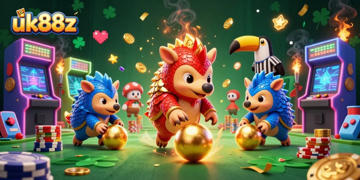 Join the pangolins in a thrilling uk88z casino game with poker chips and arcade machines.